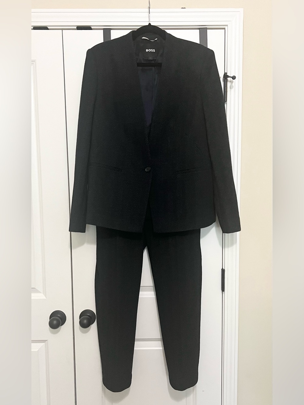 BOSS Jemma2 Midnight Blue Herringbone Wool Blend 2-Piece Pantsuit—US 12 / UK 16